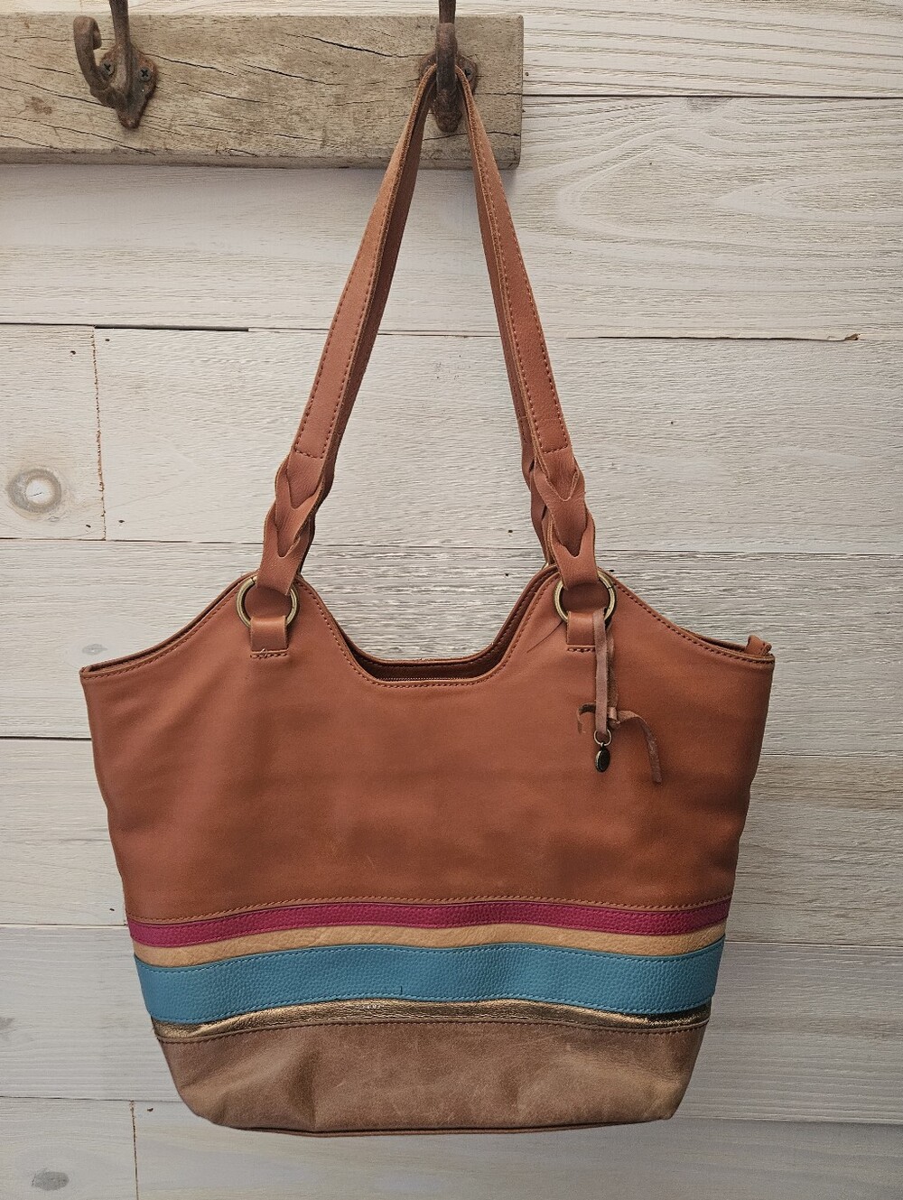 The Sak Sierra Shopper Chestnut Leather Tote Shoulder Bag Pink Blue Stripe Boho